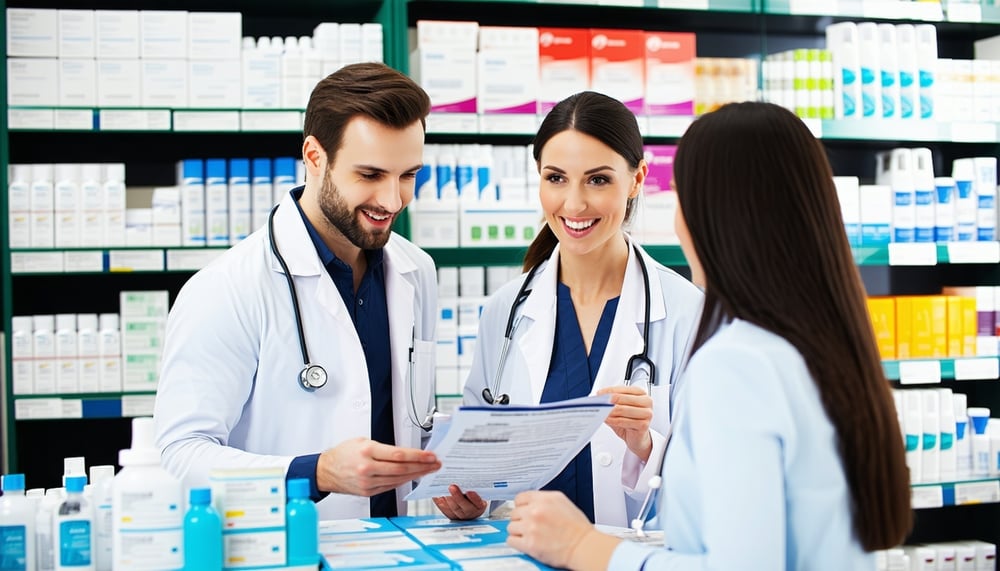 Pharmacy team assisting a patient with insurance options